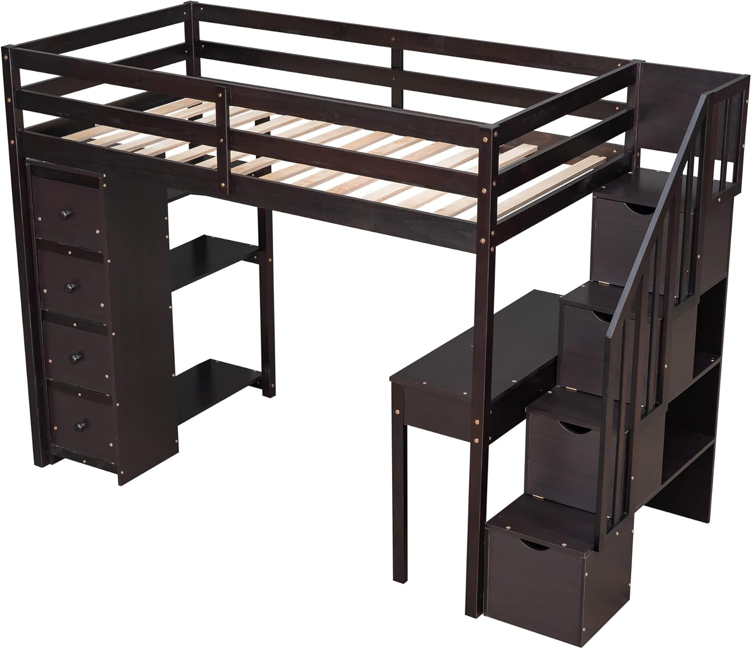 Merax Loft Bed Twin with Desk and Storage Stairs, Space-Saving Wood Bed Frame with Drawers and Shelves, for Teens Adults (Espresso)