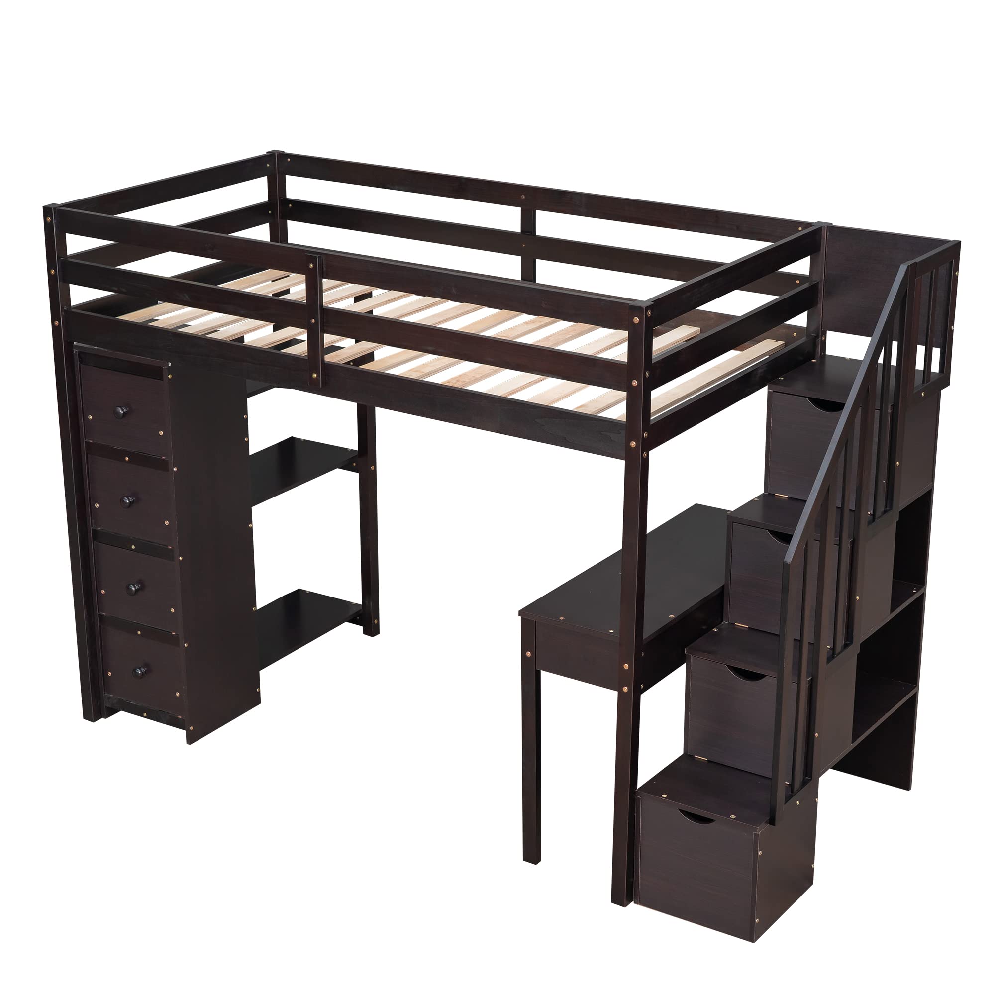Merax Twin Size Loft Bed With Built-In Desk & Shelves - Space-Saving Bed For Kids & Teens, Espresso Finish - View #2