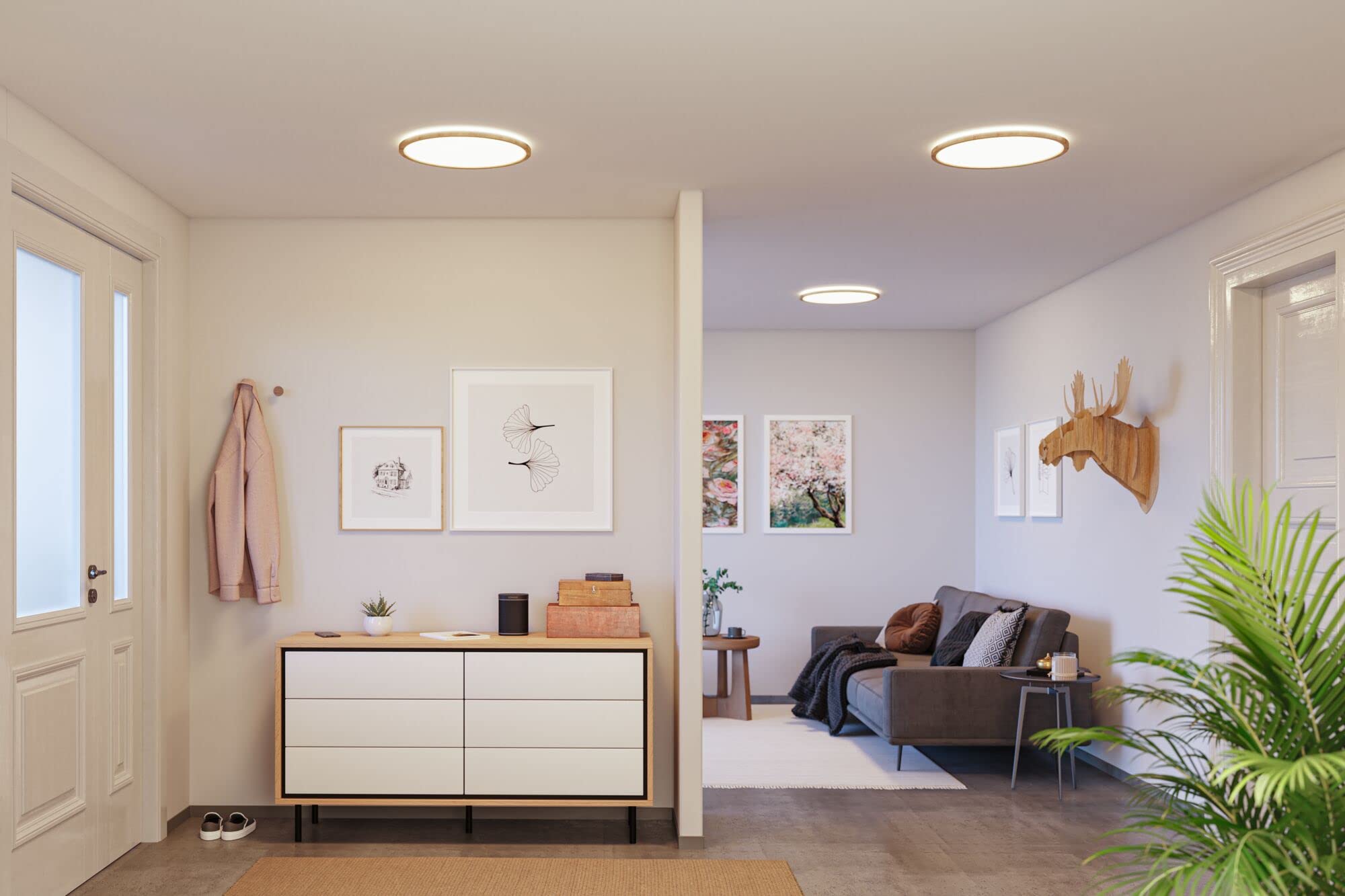 Paulmann 71034 LED Panel Atria Shine Deckenleuchte mit Backlight rund IP44 22W 2300lm 420mm Holzoptik Kunststoff 4000K Badleuchte