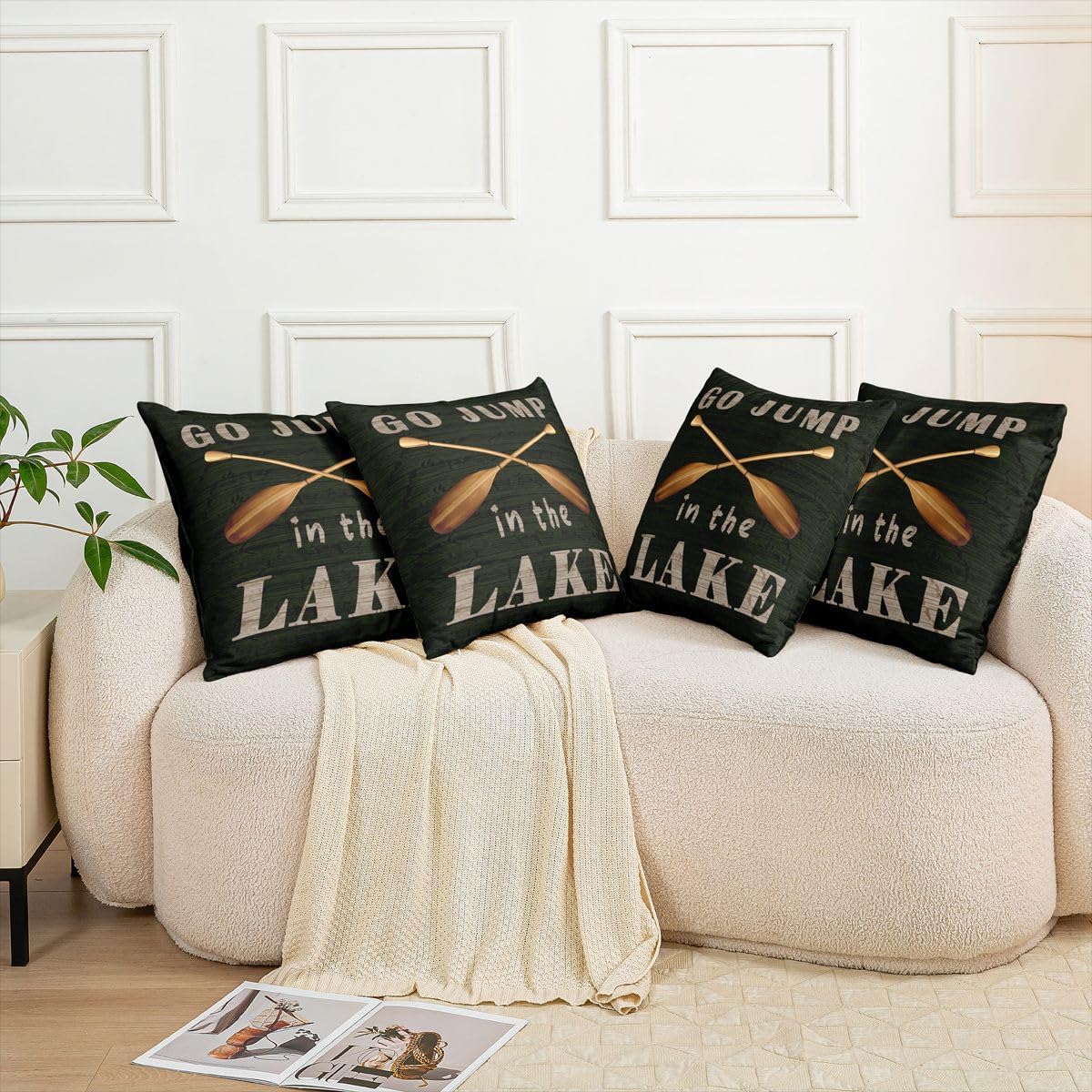 Pack of 2 Lake Rules Decorative Throw Pillow Covers, Soft Welcome to Lake Cabin Square Cushion Case Set for Couch Bedroom Living Room,Lake House Decor Black Pillow Cases Pillowcases,24x24 Inches