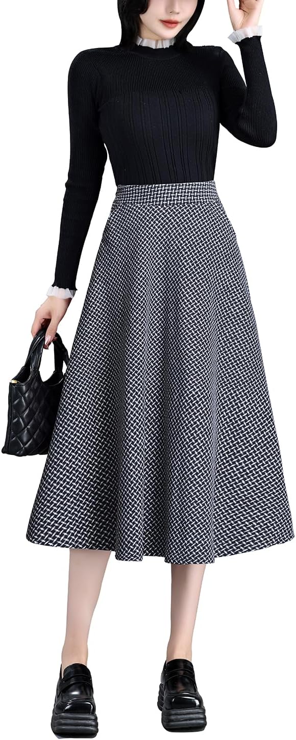 Women's Winter Long Skirt Vintage Plaid Wool High Waist A-line Fall Elegant Midi Skirt