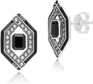 Gemondo USA 925 Sterling Silver Art Deco Black Spinel Marcasite & Black Enamel Stud Earrings