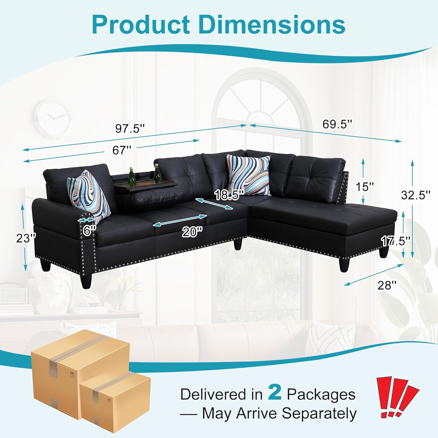 Product dimensions diagram showing the sectional couch delivered in two packages