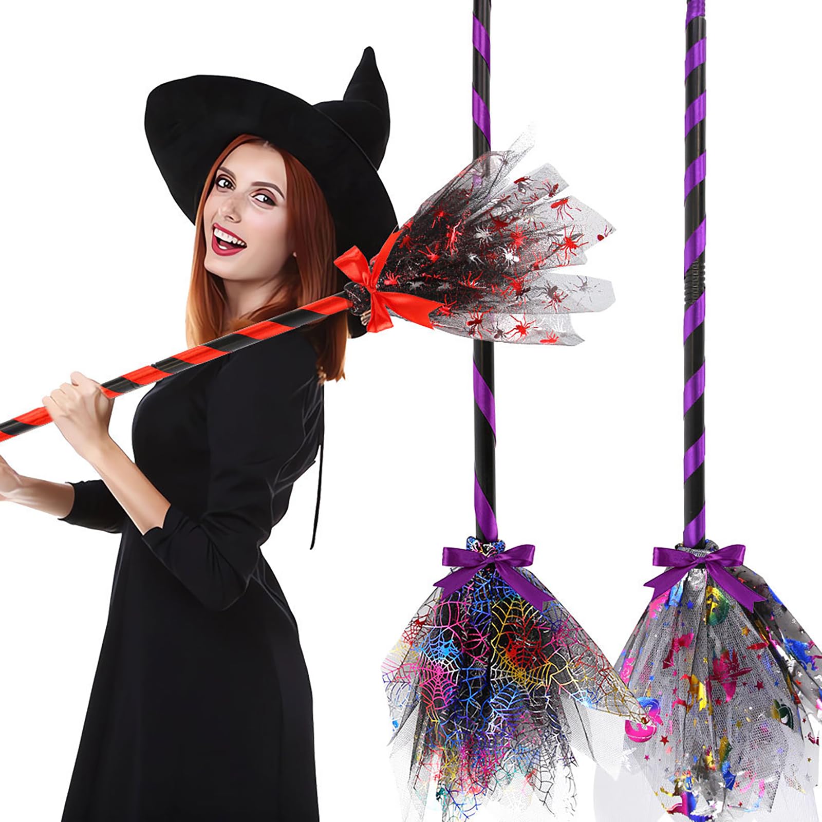 Scopa Da Strega Halloween Viola 97 Cm, In Plastica, Smontabile Con Ragno E Ragnatela, Per Costume Bambino E Adulto