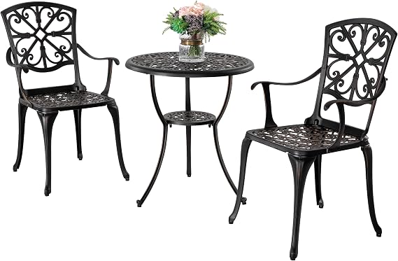 NUU GARDEN 3 Piece Outdoor Bistro Set Cast Aluminum Patio Set Bistro Table Set Rustproof Patio Table and Chairs with Umbrella Hole for Backyard, Balcony, Front Porch, Black