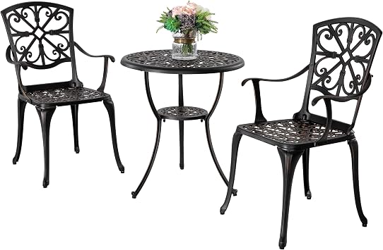 NUU GARDEN 3 Piece Outdoor Bistro Set Cast Aluminum Patio Set Bistro Table Set Rustproof Patio Table and Chairs with Umbrella Hole for Backyard, Balcony, Front Porch, Black