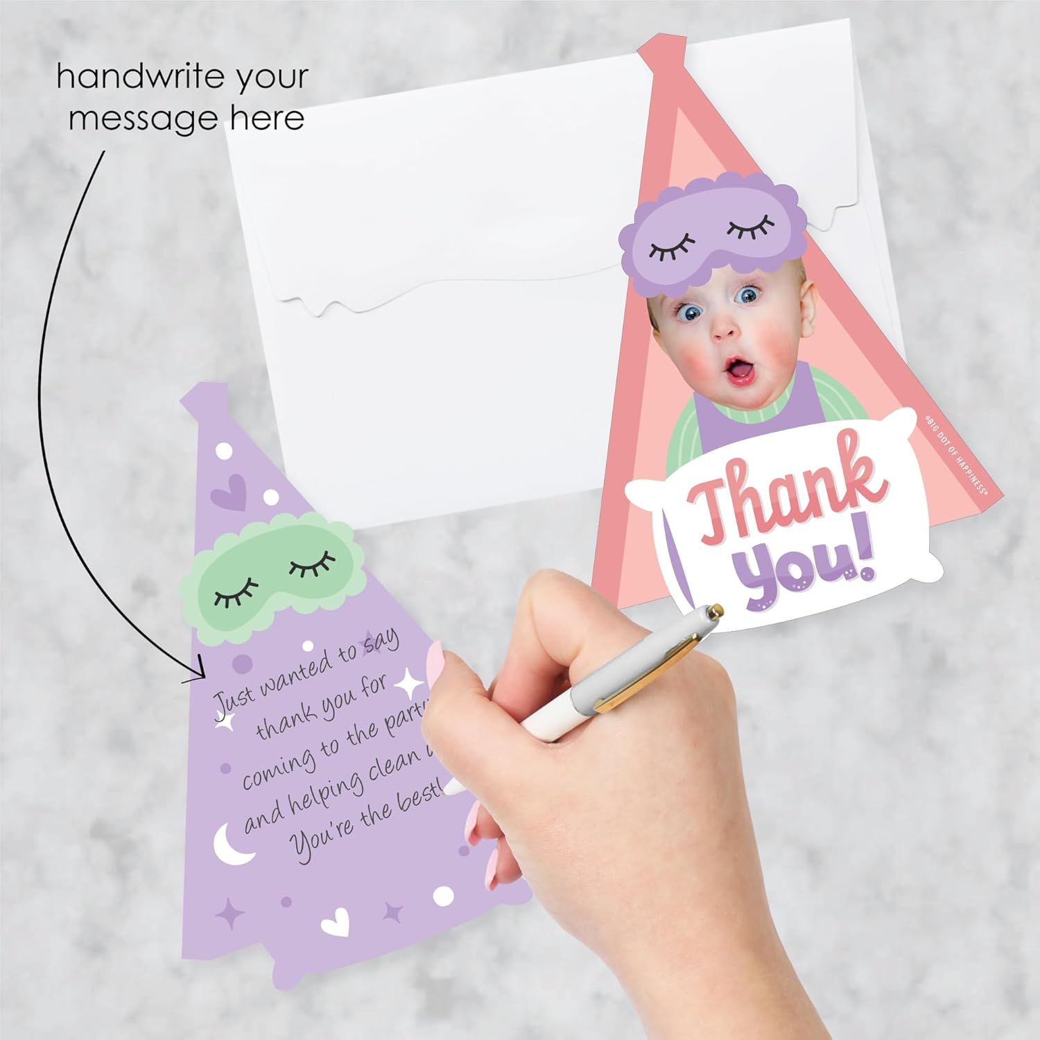 Big Dot of Happiness Custom Photo Pajama Slumber Party - Girls Sleepover Birthday Party Fun Face Shaped Thank You Cards with Envelopes - Set of 12