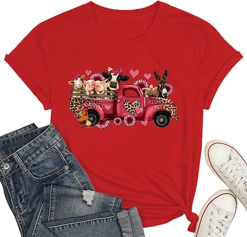 Valentines Shirts for Women Valentine Day Cute Leopard Truck Graphic Women Tee L