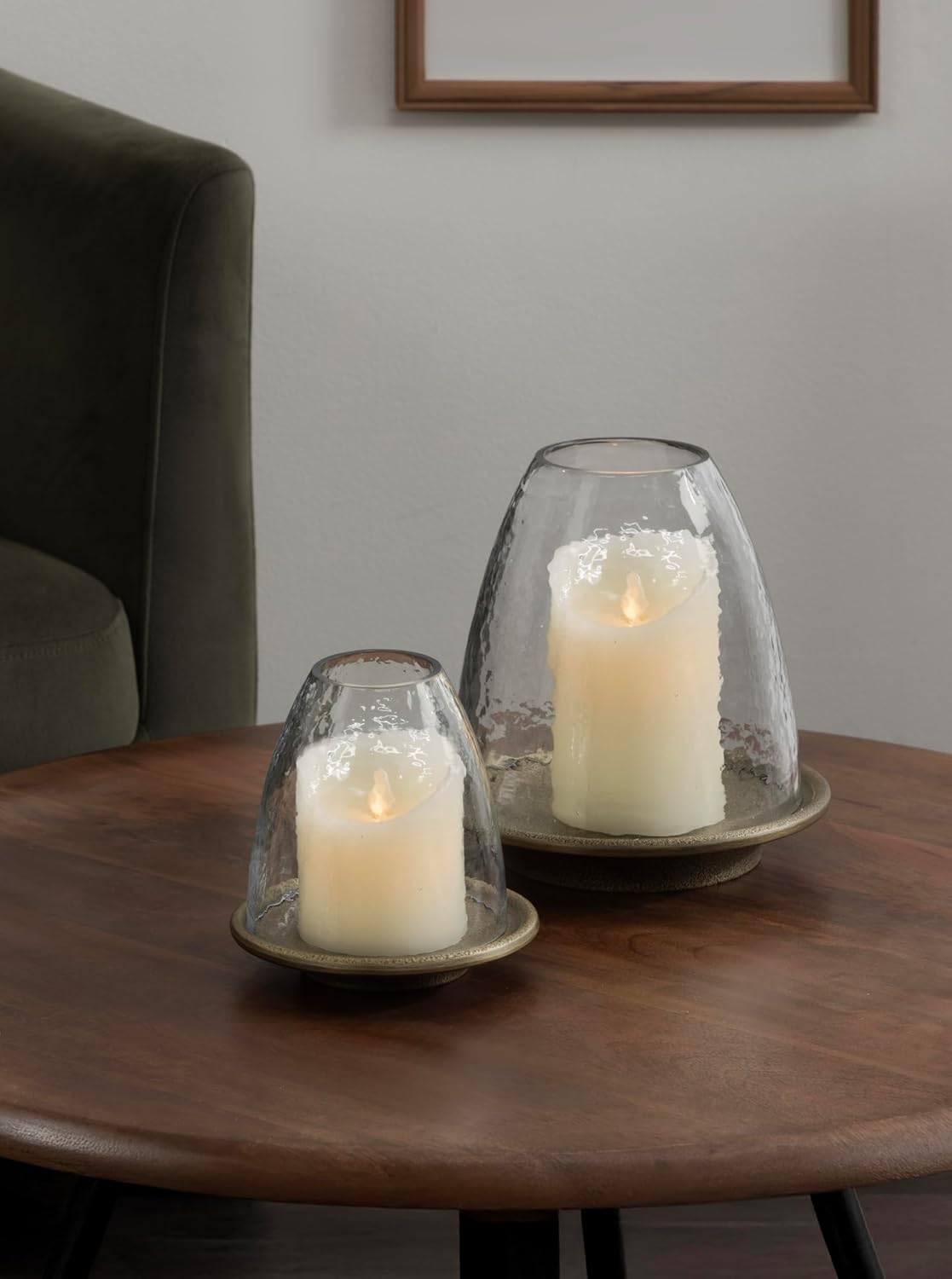 Kate and Laurel Campana Modern Two-Piece Candle Holder Set, Set of 2, Antique Brass and Clear Glass, Cast Aluminum Candle Holders with Textured Glass Cloche Design for Entryway or Living Room Decor