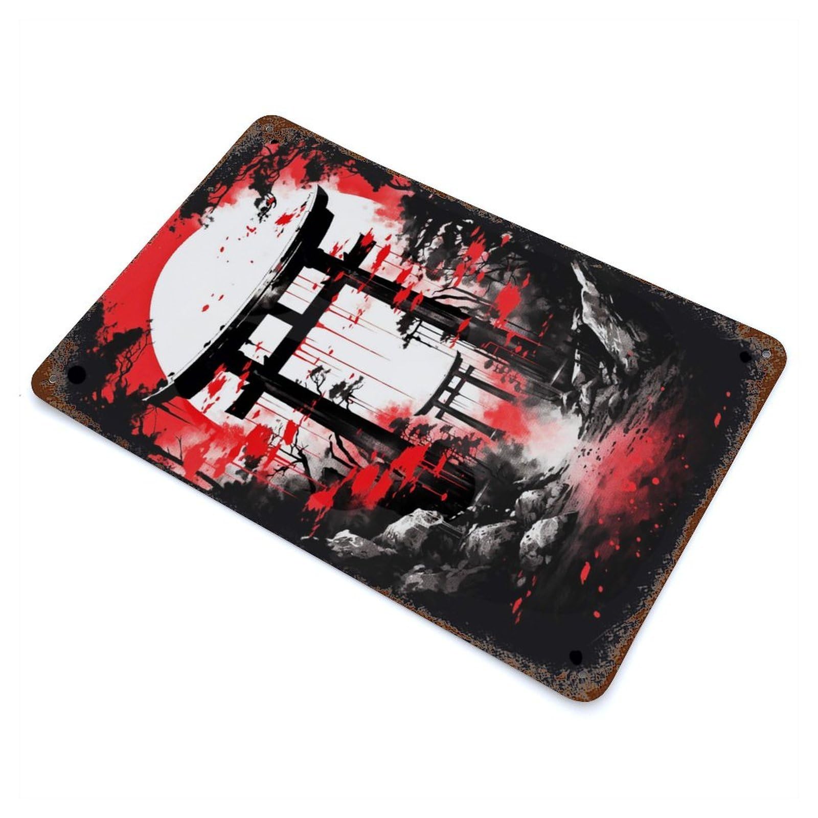 Aged Metal Wall Plaque with Mystical Japanese Gate Design 11.8"x7.9", for Basement, Hobby Room And Garage Decor, Farmhouse Wall Decor