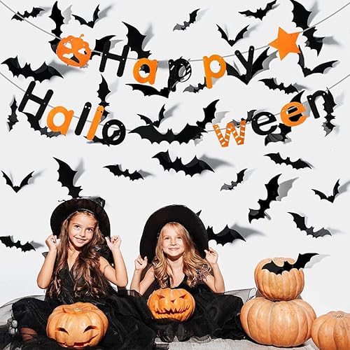 Miniatura 5 de 88 piezas de decoración de murciélagos de Halloween, calcomanías de decoración de Halloween de murciélagos 3D, murciélagos voladores de plástico