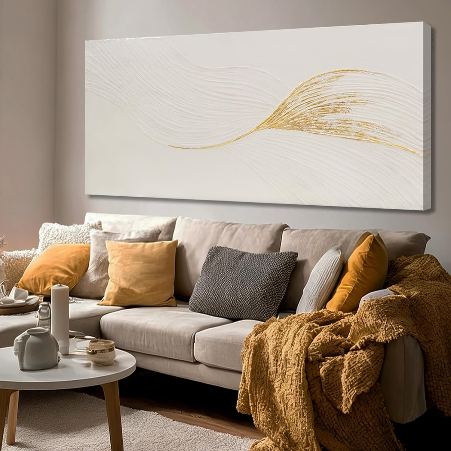 Dolidoteart Wall Art Hand Painted Oil Painting, Oversized Neutral White Gold Textured Abstract Wall Art, Long Horizontal 29x58 Inch Minimalist Wall Decor for Living Room Bedroom Above Couch