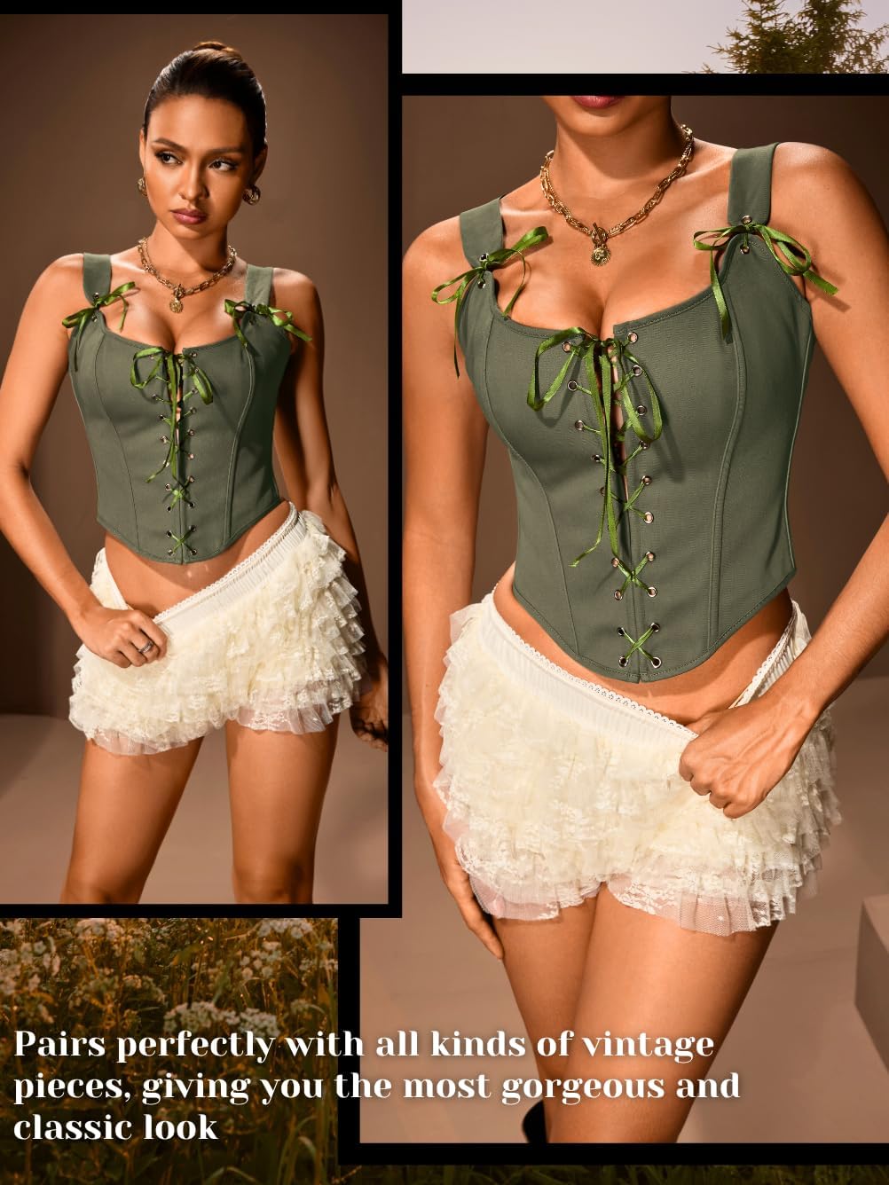 ChiaoLezhee Sexy Renaissance Corset with Straps, Square Neck Front Lace-Up, 0-26 Plus Size Vintage Overbust Tops for Women