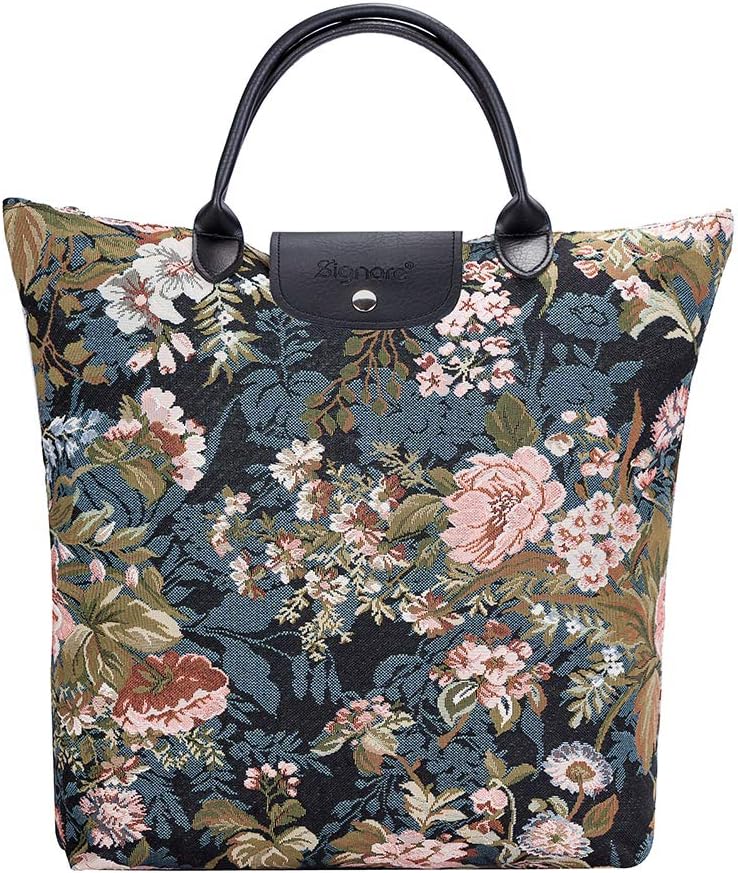SignareSignare Tapestry Navy & Pink Fold-able Reusable Grocery Shopping Bag with Peony Flower in Black Background (FDAW-PEO)