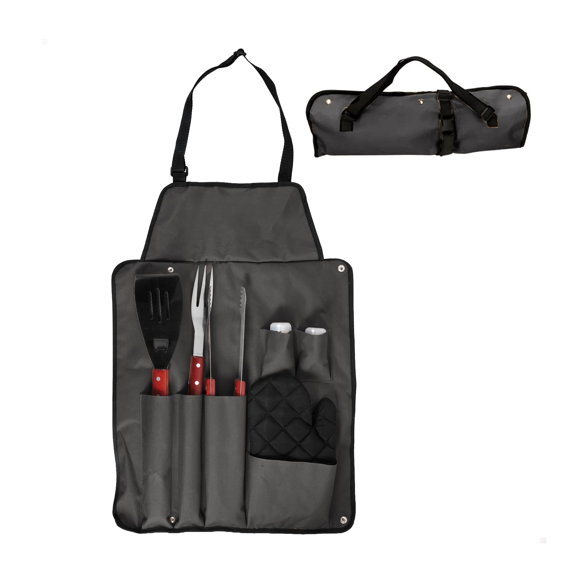 Amig - BBQ Apron with 7 Accessories - Stainless Steel - BBQ Utensils Set - With Pockets - Practical Accessories and Careful Presentation for Gift - Mod. AM17