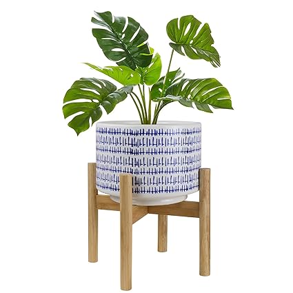 Large Ceramic Plant Pot with Stand - 9.4 Inch Modern Cylinder Indoor Planter with Drainage Hole for Snake Plants, Fiddle Fig Tree, Artificial Plants, Blue & White