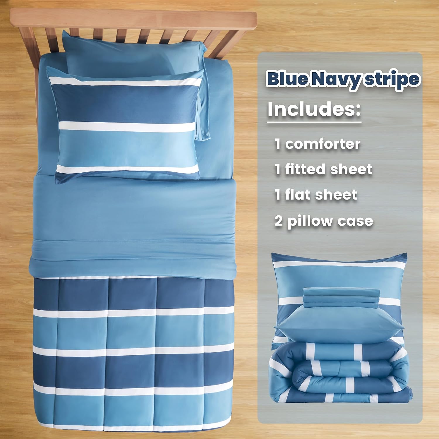 SLEEP ZONE Kids Comforter Set Twin Size, Jersey Knit 5 Pieces Bedding, Super Soft and Breathable Comforter with Sheets, Pillowcases (Blue-Navy Stripe)