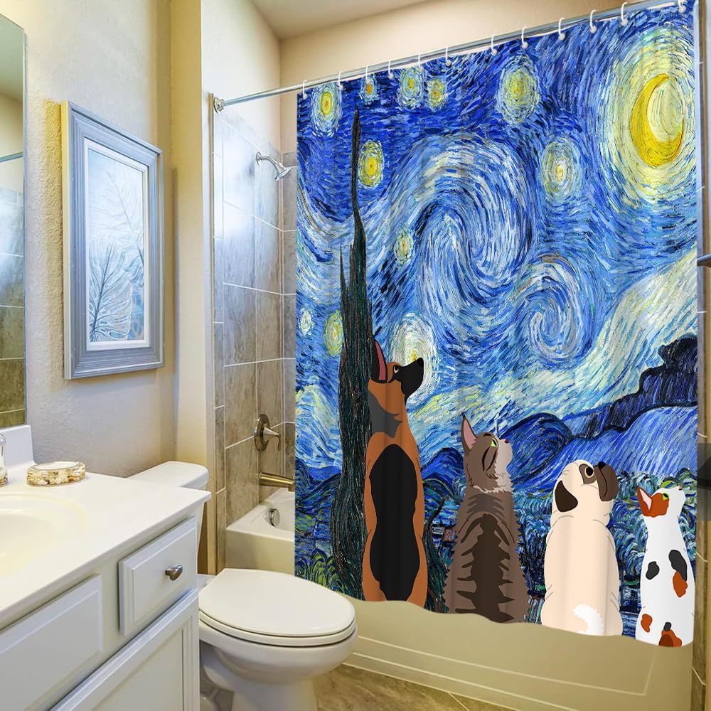 Starry Night Theme Shower Curtain Funny Animal Dog and Cat Watch The Night View Abstract Art Oil Painting Style Bathroom Set Bathtub Accessories Polyester Fabric with Hook 70Wx70H Inch image 5