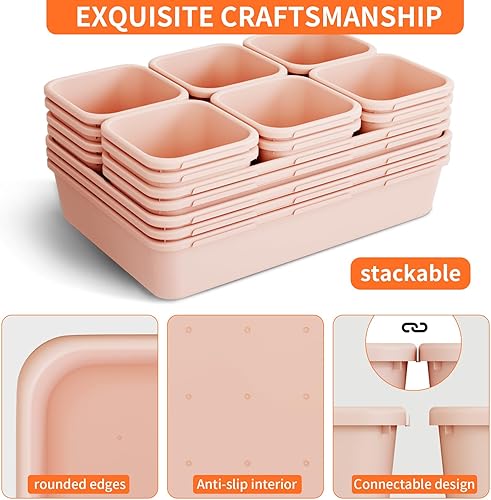 Miniatura 5 de Paquete de 45 bandejas organizadoras de cajones de plástico color rosa, almacenamiento de 3 tamaños para cocina, baño, oficina, tocador, maquillaje,