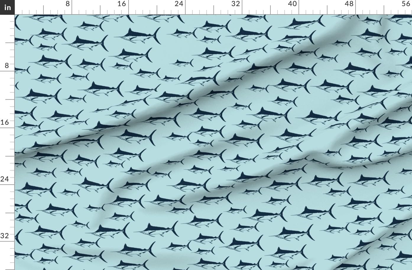 Spoonflower Fabric - Blue Fish Summer Fishing Coastal Marlin Deep Sea Beach House Life Printed on Organic Cotton Sateen Fabric by The Yard - Sewing Quilting Apparel Home Decor