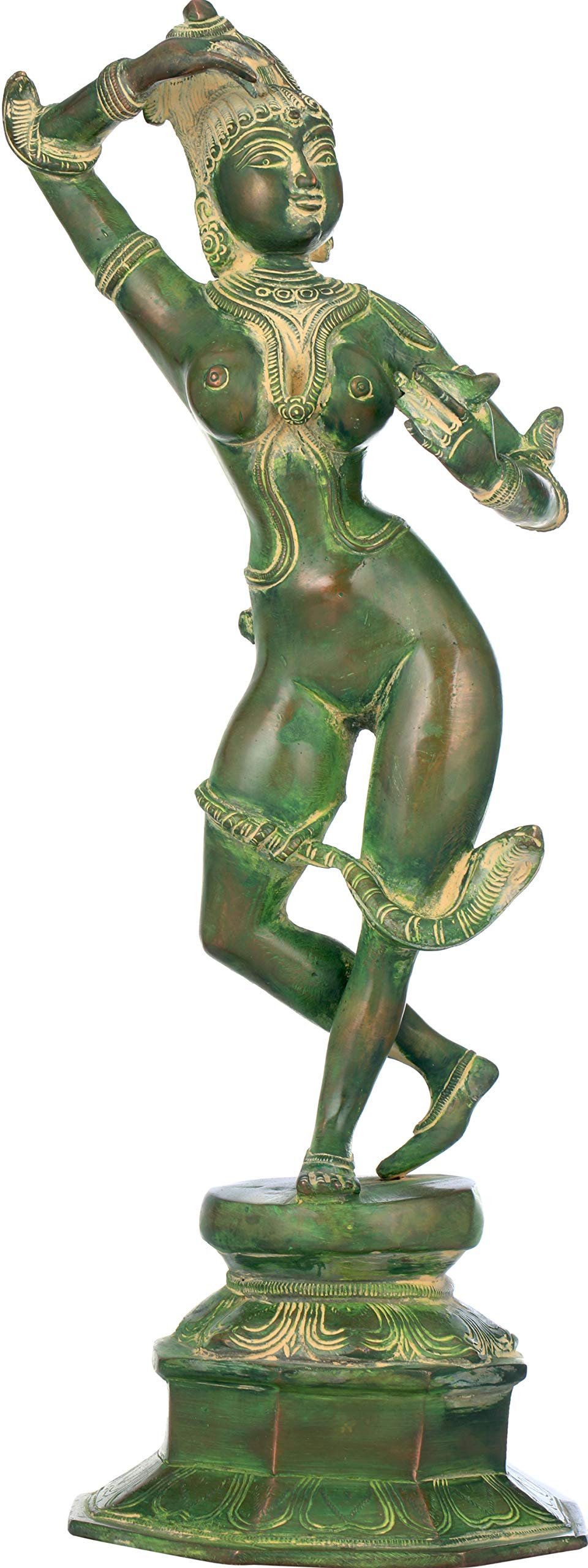 Statue Apsara Khajuraho en laiton massif couleur vert Chola, hauteur décorative haut de gamme