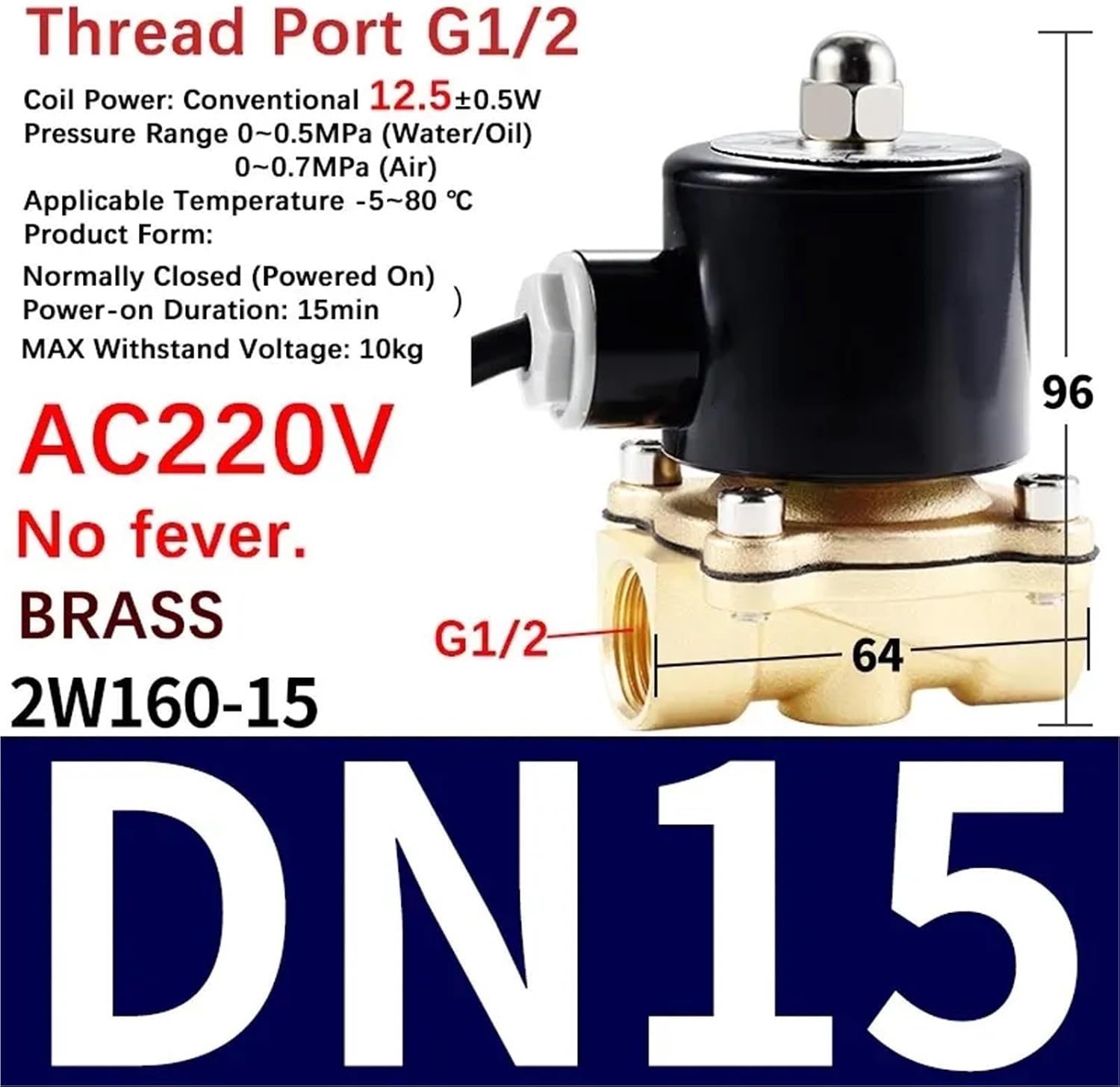 2W Valve 1/4" 3/8" 1/2" 3/4" 1" DN8/10/15/20/25/50 24V 220V(2W160-15 (DN15) 220V)
