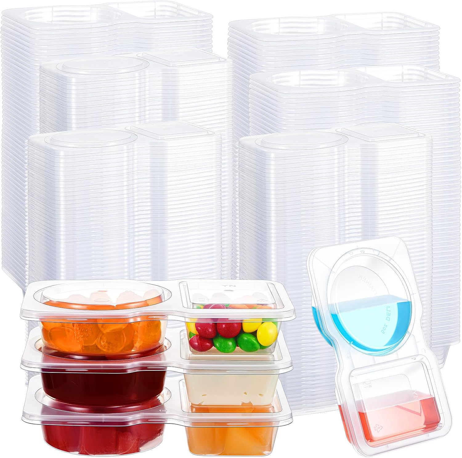 Blushtier 50 Pcs Pack Snack Containers with Lids, 5 oz Double Compartment Plastic Food Containers, Portable Divided Snack Cups for School, Office, Meal Prep, Sauces, Dips, On-the-go Camping (Clear)