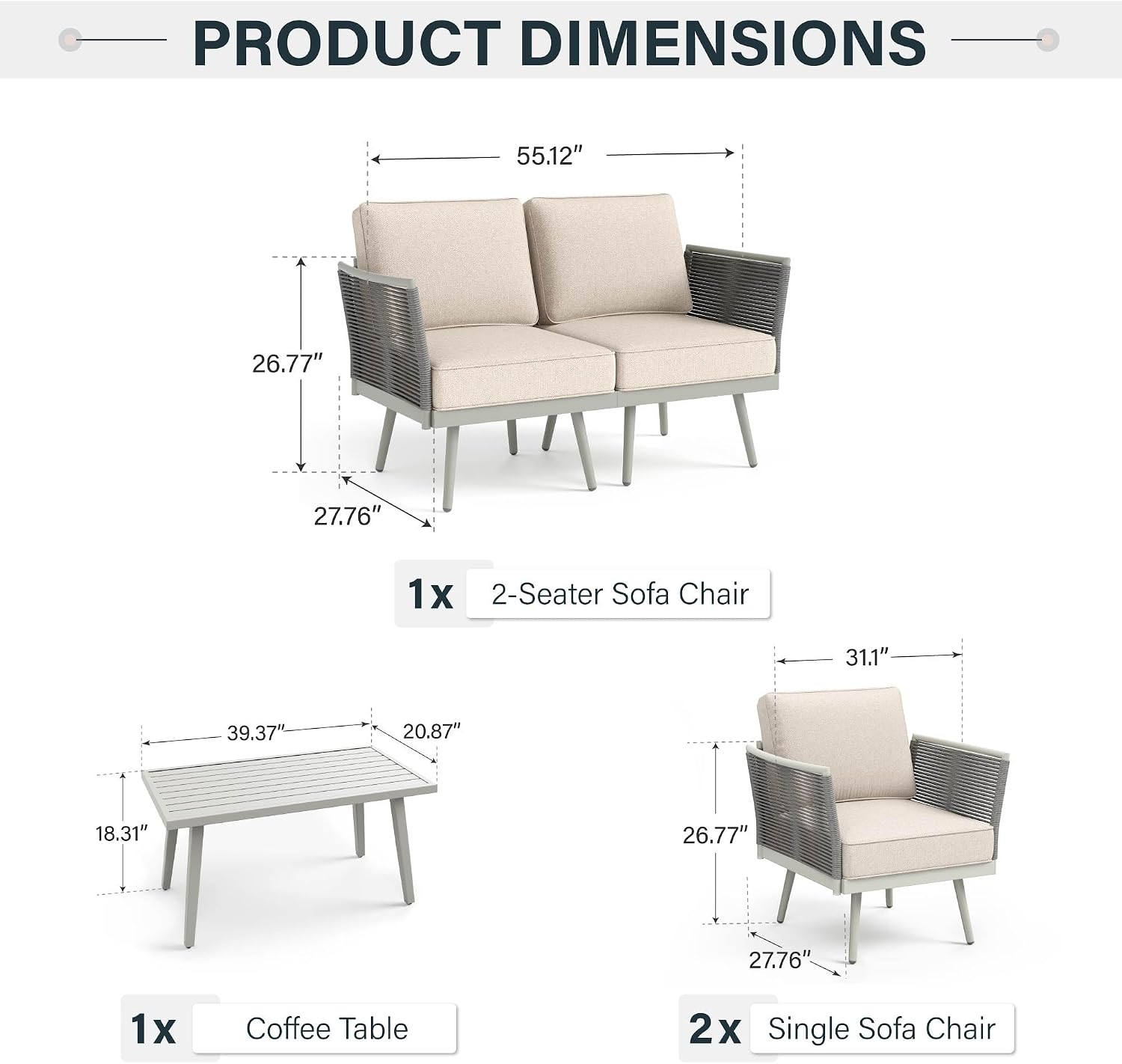 GREEN PARTY Outdoor Patio Furniture Set, 5-Piece Metal Modern Outside Sectional All-Weather Conversation Set with Classic Rope Rattan & Coffee Table & 5.5" Thick Cushions and Anti-Rust Frame