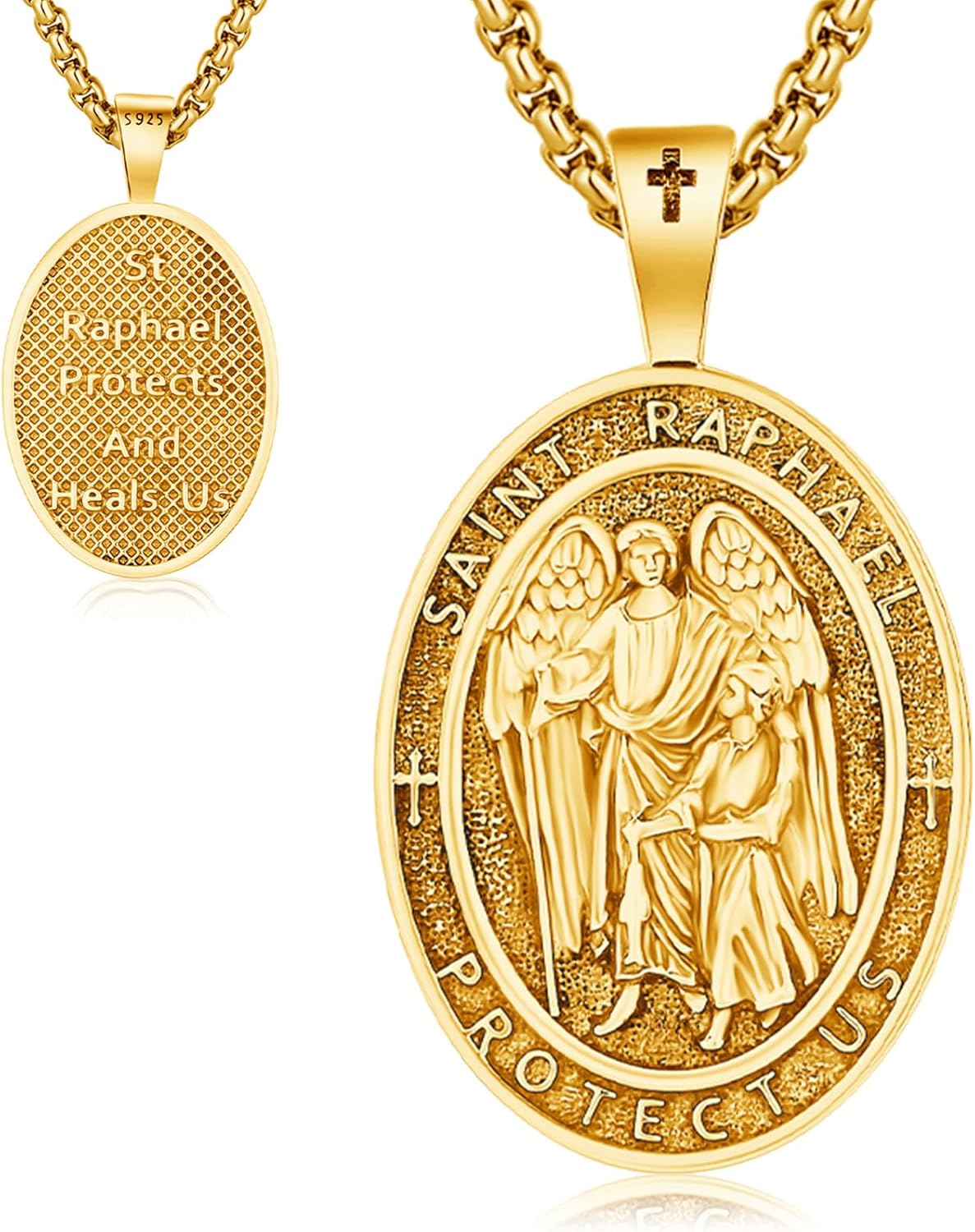 St Raphael Medal Necklace for Men Women, 925 Sterling Silver Patron Saint of Travel Oval Medal Pendant Amulet Religious Jewelry Gifts