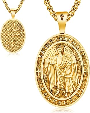 St Raphael Medal Necklace for Men Women, 925 Sterling Silver Patron Saint of Travel Oval Medal Pendant Amulet Religious Jewelry Gifts