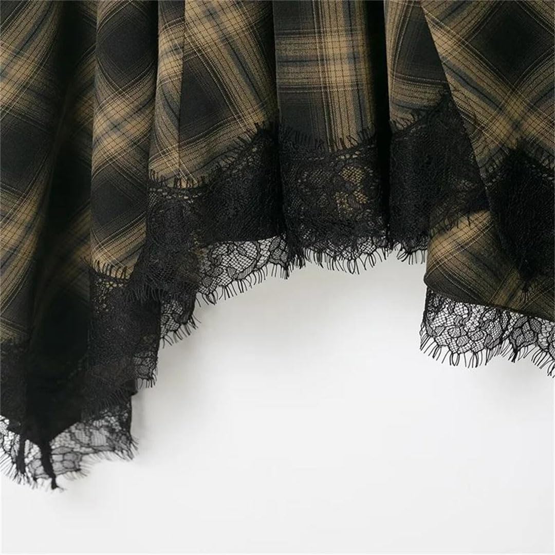 Women Irregular Hem Plaid Skirt Lace Patchwork Mid Waist Midi Skirts for Daily Wear