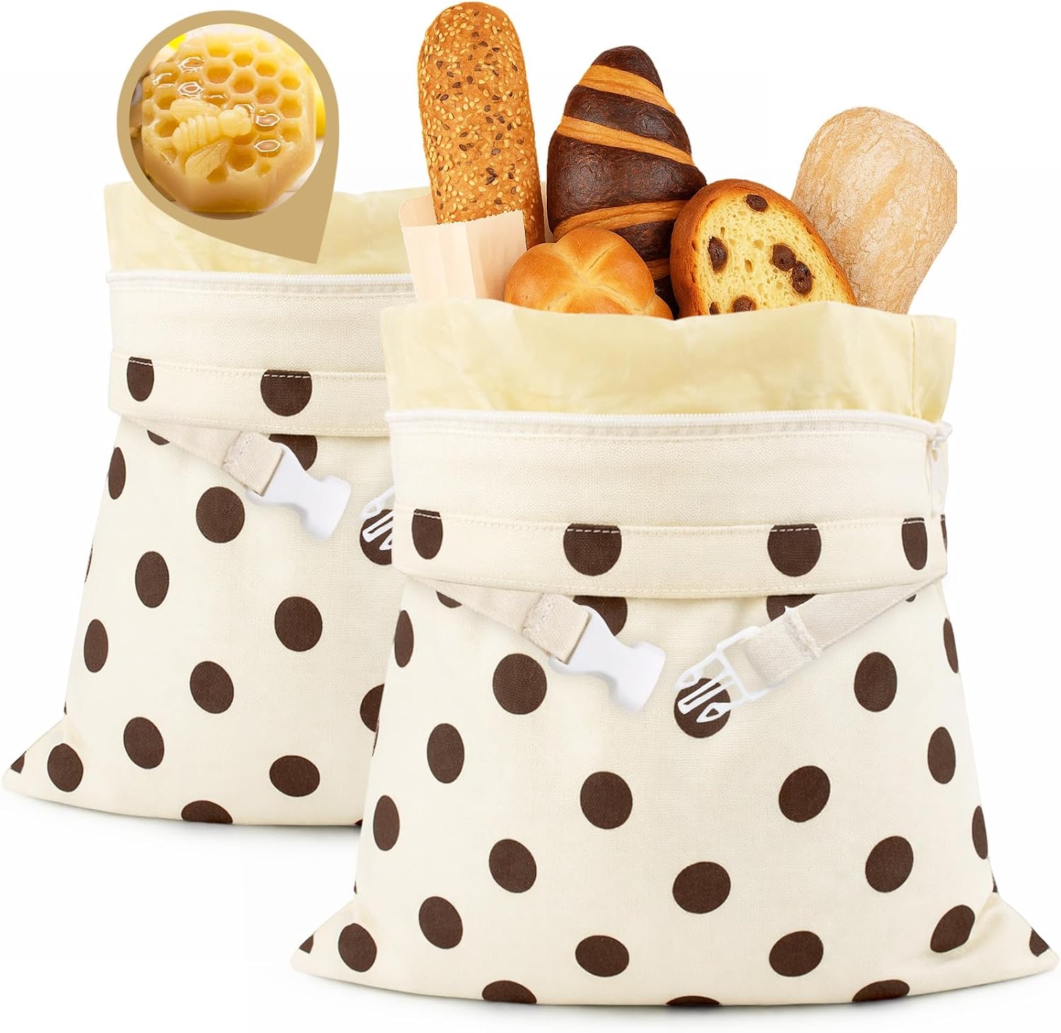 2 Pack Beeswax Bread Bags for Homemade Sourdough,XL Natural Cotton Reusable Beeswax Bread Storage Bag with Zipper,Keep Fresh longer and Freezer-Friendly (17x13") (Brown polka dots)
