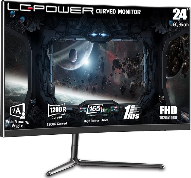 LC-Power 24 Inch 165Hz FHD 1080p Curved Monitor, 1 ms, 1920x1080, 1200R, VA, 16:9, Adaptive Sync, 300 cd/m2, 1x DP 1.2, 2x HDMI 1.4, Audio out, 95% sRGB, Contrast ratia 3000:1, GamePlus, Low Blue