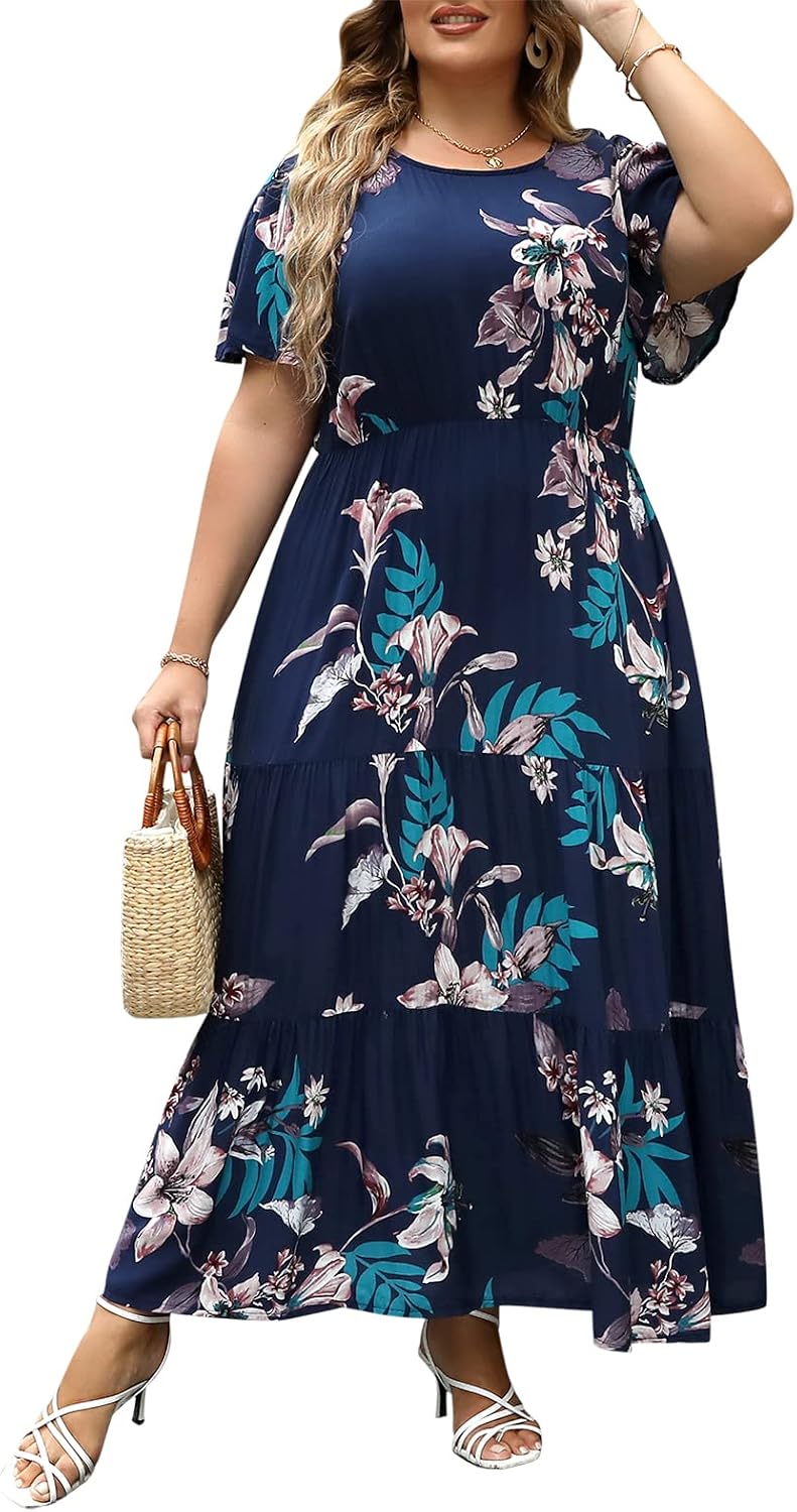 Nemidor Womens Plus Size Boho Ditsy Floral Print Casual Layered Flared Maxi Dress with Pocket NEM304