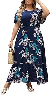 Plus Size Maxi Dresses for Curvy Women Summer Casual Boho Ditsy Floral Print Layered Flared Long Dress with Pocket - Buy now