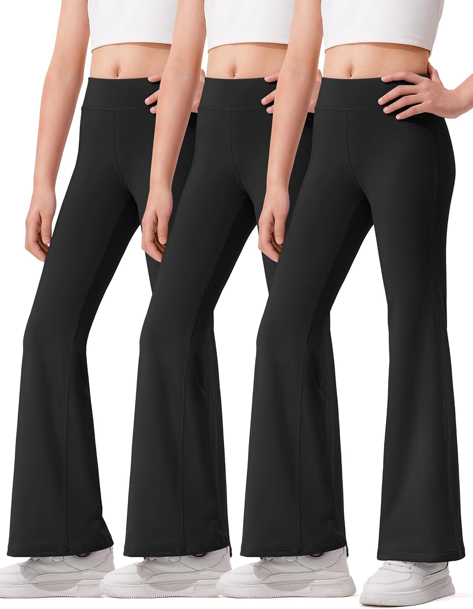 HASMES Paquete de 3 leggings acampanados para niñas, pantalones de yoga y danza con parte inferior acampanada para niños | Bootcut Flare Alta elasticidad Transpirable Cintura alta Leggings Ropa deportiva