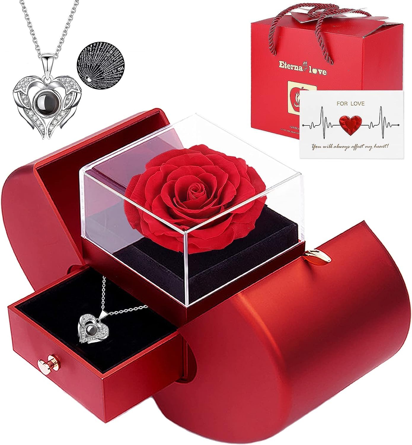 Pretocter Preserved Rose Gifts Box Set for Wife Eternal Flowers Rose Gift with I Love You Necklace in 100 Languages Forever Handmade Rose Flowers Birthday Valentine's Day Gift for Mom Girlfriend