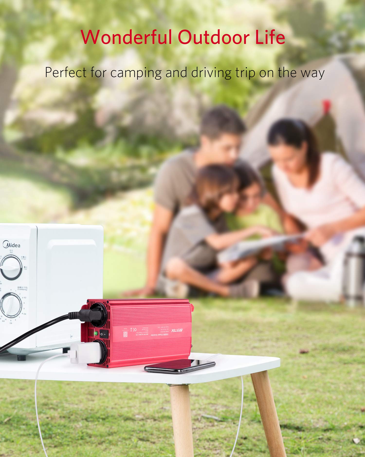 BESTEK Przetwornica napięcia samochodowego 1000 W DC 12 V na AC 230 V, falownik prądowy z 2 gniazdami DE, 4 bezpieczniki i 1 para zacisków do akumulatora samochodowego, na wakacje, na świeżym powietrzu