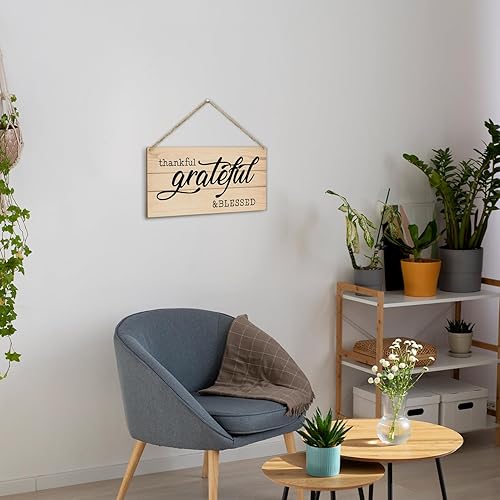 Miniatura 5 de Letrero colgante de madera con texto en inglés Thankful Grateful Blessed para decoración de pared de puerta delantera, placa de madera para casa de