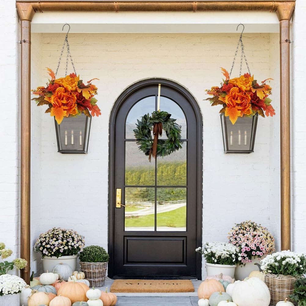 2 Pcs Artificial Fall Hanging Flowers Plants Basket for Outdoors,20 in Hanging Baskets with Fall Flowers-Orange Yellow Daisy,Maple Leaves and Berries,Autumn Fall Patio Garden Yard Decor (A)