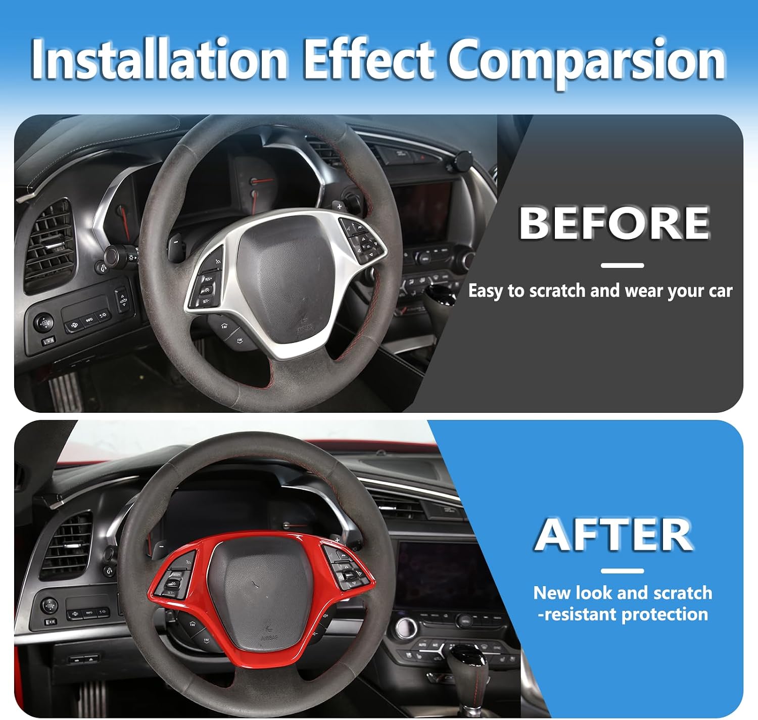Steering Wheel Decoration Frame Cover Trim ABS 1PCS Compatible with Corvette C7 Stingray 2014-2019,C7 Steering Wheel Interior Accessories (Sports Red)