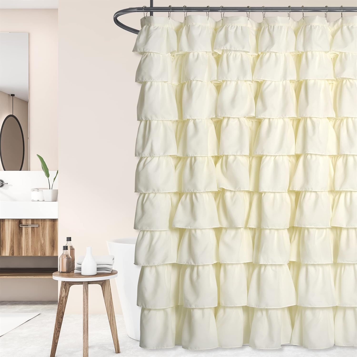 Ivory Ruffle Shower Curtain Graceful Farmhouse Style Cloth Fabric Bath Curtain with Buttonholes Vintage Bathroom Decor 72" x 72"