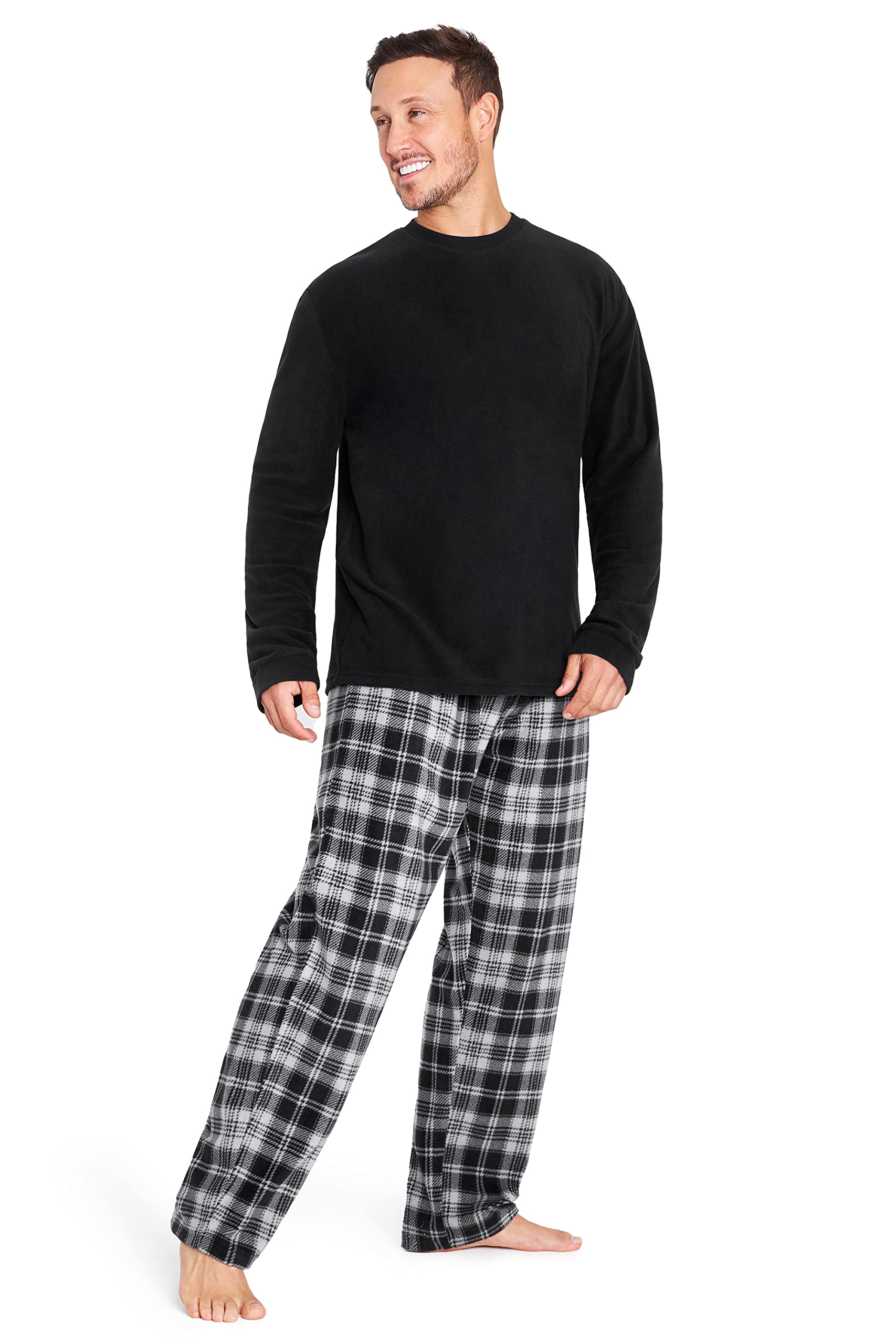 CityComfort Mens Microfleece Pyjama Set - Black - XXL - Long Sleeve Crew Neck Top & Cuffed Trousers
