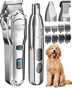 oneisall Dog Clippers for Grooming Thick/Matted Hair, 4-in-1 Grooming Kit | Detachable Stainless Steel Blade, IPX6 Waterproof, Low Noise, Paw Trimmer and Nail Grinder, 9 Guide Combs
