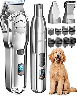 oneisall Dog Clippers Thick Coats: 4-in-1 Cordless Grooming Kit, Low Noise Stainless Steel Blade, Paw Trimmer Nail Grinder for Dogs Cats