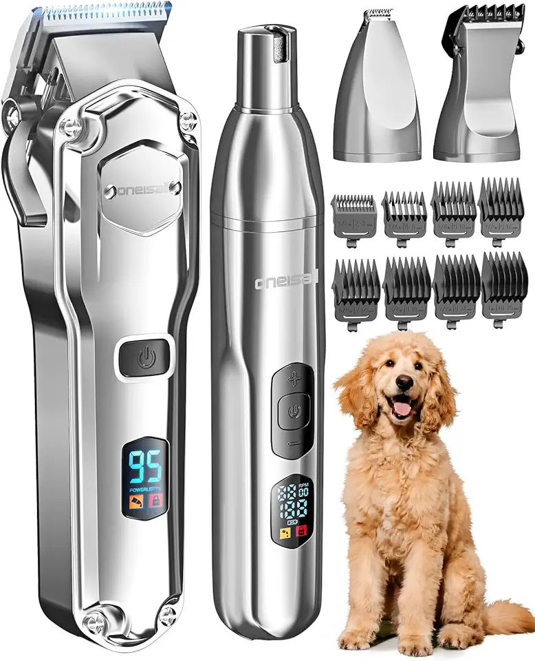 oneisall Dog Clippers for Grooming Thick/Heavy Coats, 4-in-1 Dog Grooming Kit Low Noise with Stainless Steel Blade, Cordless Dogs Paw Trimmer Pet Nail Grinder for Small &amp; Large Dogs Cats Animals