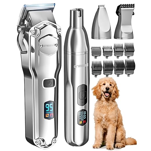 oneisall Dog Clippers for Grooming Thick/Matted Hair, 4-in-1 Grooming Kit | Detachable Stainless Steel Blade, Powerful Motor, IPX6 Waterproof, Low Noise, Paw Trimmer and Nail Grinder, 9 Guide Combs