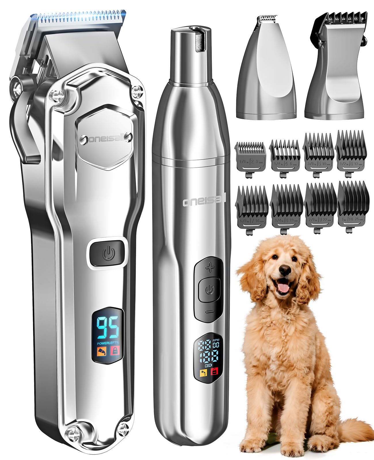 oneisall 4 in 1 Tosatrice per cani con pelo folto/denso, silenziosa Tosatrice professionale/tagliaunghie/limatrice per cani di piccola e grande taglia e gatti, batteria da 4 ore