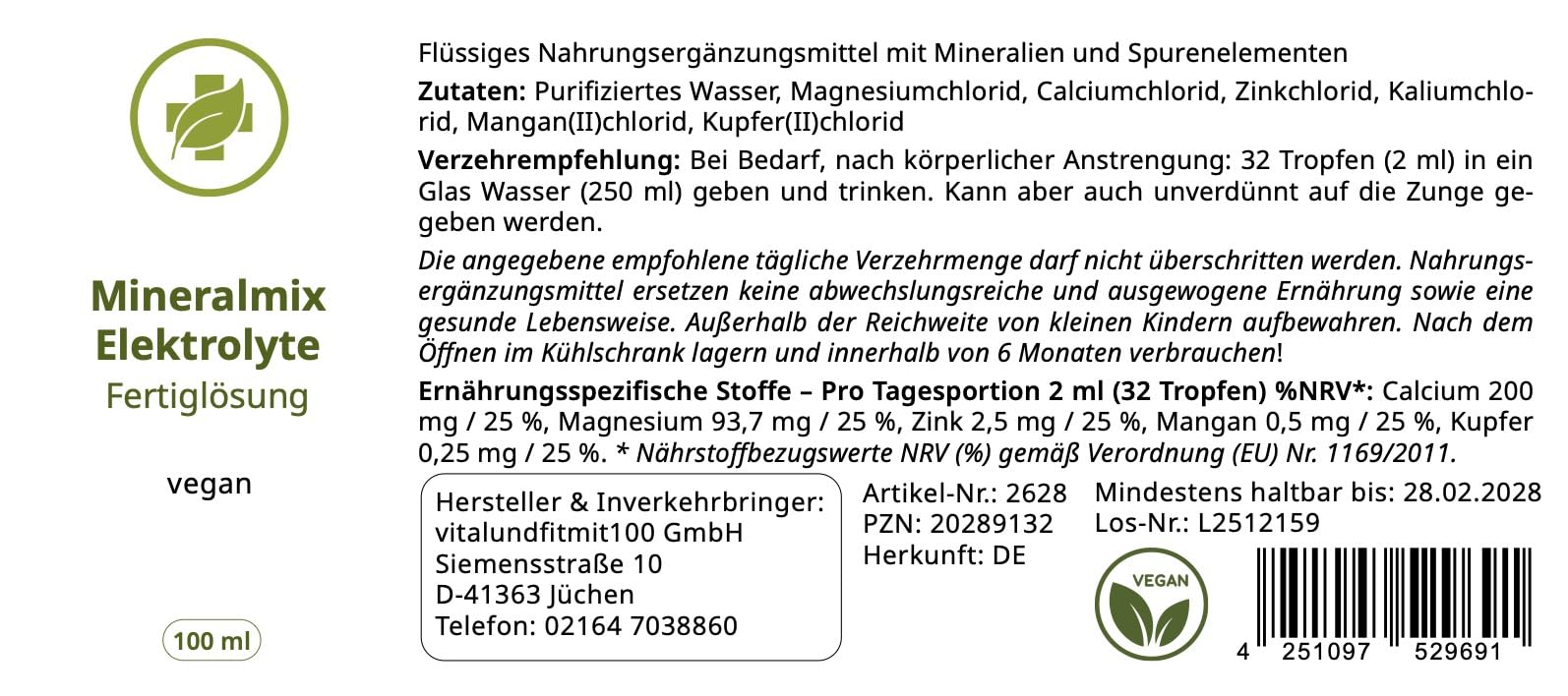 Mineralmix Elektrolyte Fertiglösung – 100ml flüssige Elektrolyte ohne Zucker – Optimierte Bioverfügbarkeit – vegan – für Sportler und aktive Personen – ohne Zusätze