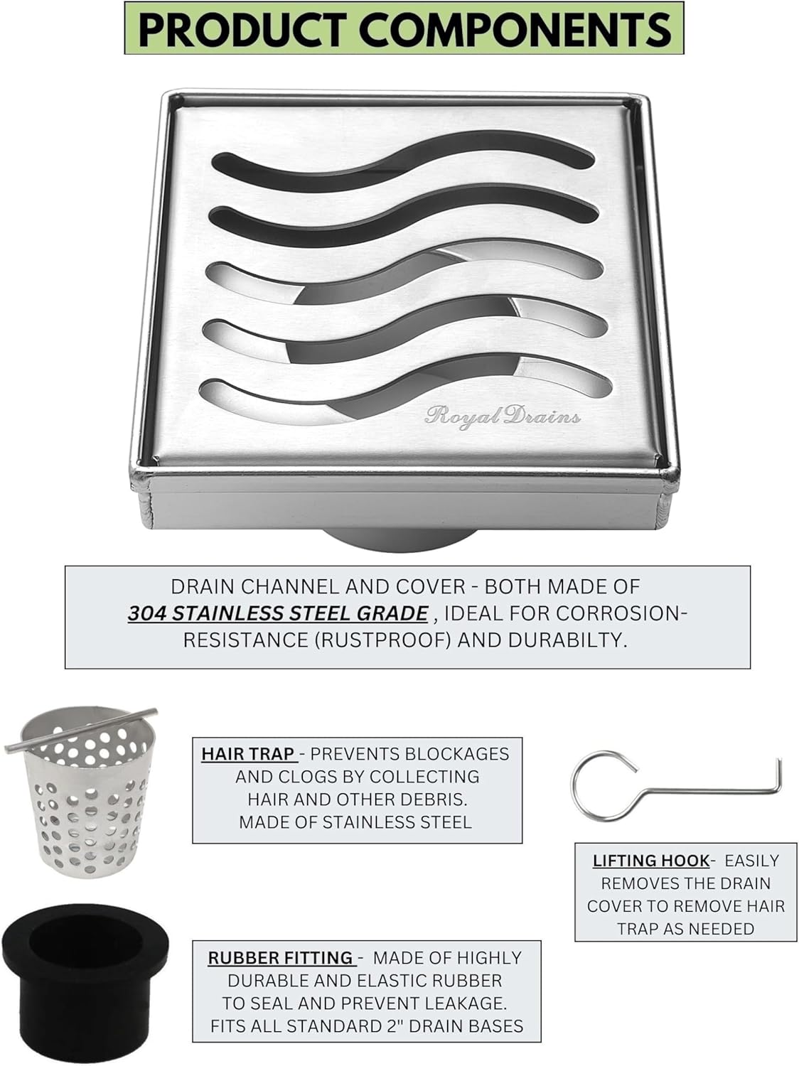 SereneDrains 304 Stainless Steel 4 Inch Brushed Nickel Square Shower Drain Kit for Tile Floor Drain Grate Cover Hair Catcher Trap Strainer Filter (Brushed Nickel, Ocean Wave Design)